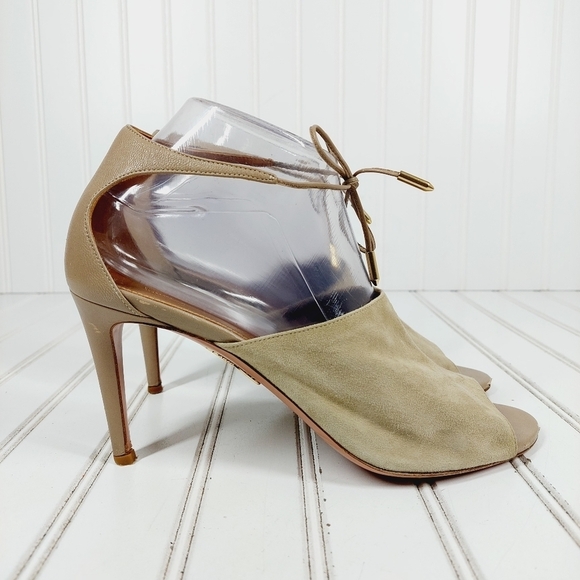 Aquazzura Estelle Leather Suede Cream Grey Taupe Ankle Tie Peep Toe Heels B462 - Picture 5 of 13